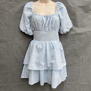 Lulus Size Small S Pastel Powdery Blue Floral Puff Sleeves Mini Dress Layered